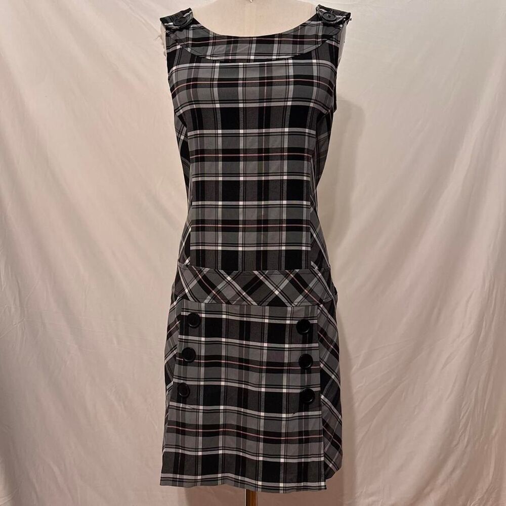 2K vintage black gray white plaid grunge sleeveless shift mini dress pinafore